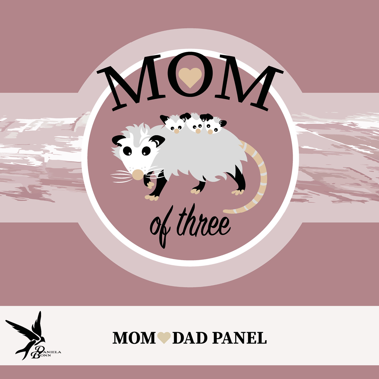 Bio Webware Stoff  -  1 m Panel Mom of Three Opossum  - DanielaBonn, Tiere, rosa, 100% Bio-Baumwolle