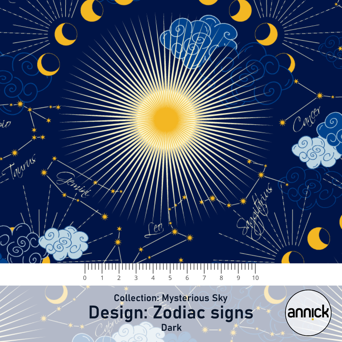 Bio Stoff  - Mysterious Sky Zodiac Signs Dark - Annick, blau, Sonne, Mond & Sterne