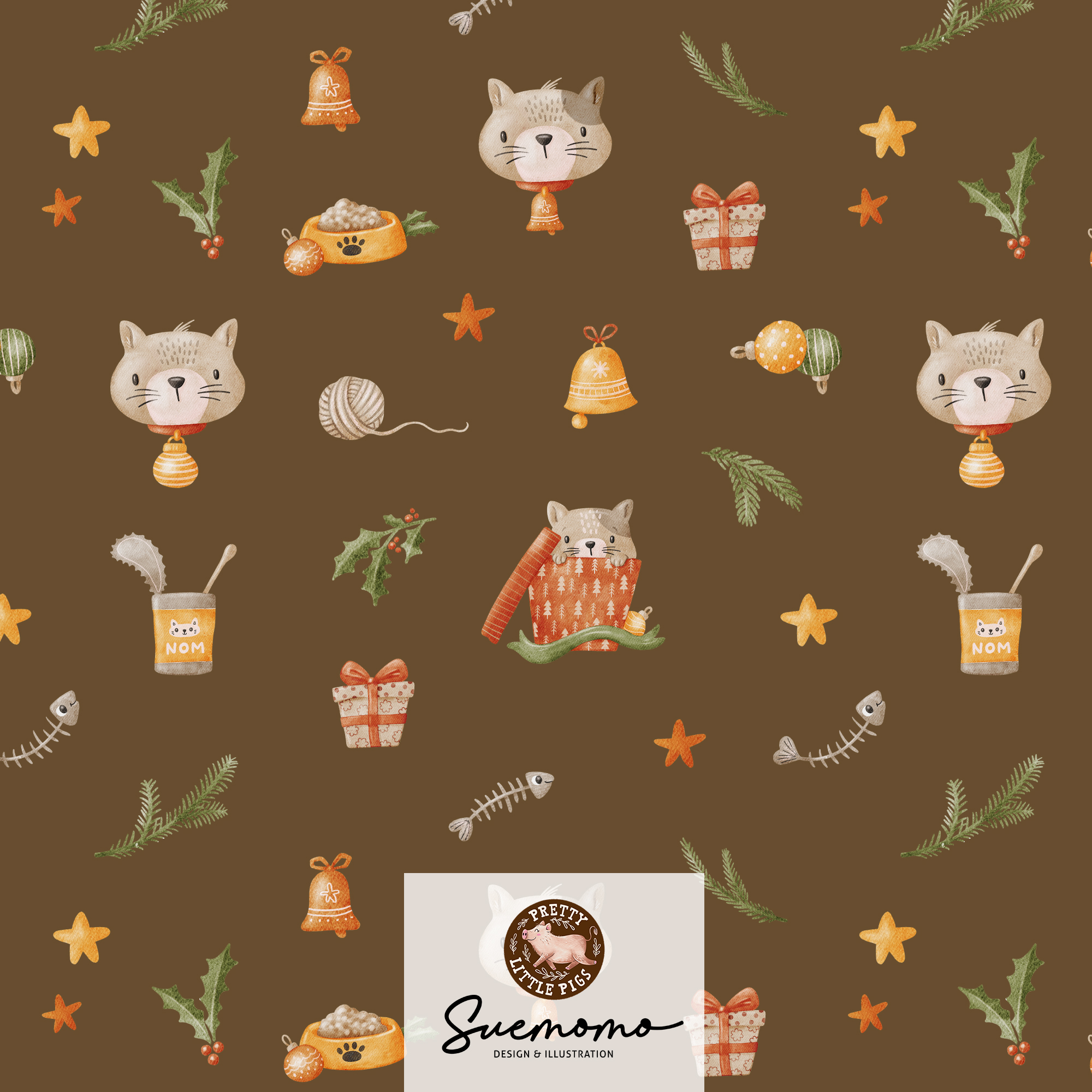 Bio Webware Stoff - Meowy Christmas Schoko - PrettyLittlePigs, Tiere, braun, 100% Bio-Baumwolle Bio Webware Stoff - Meowy Christmas Schoko - PrettyLittlePigs, Tiere, braun, 100% Bio-Baumwolle