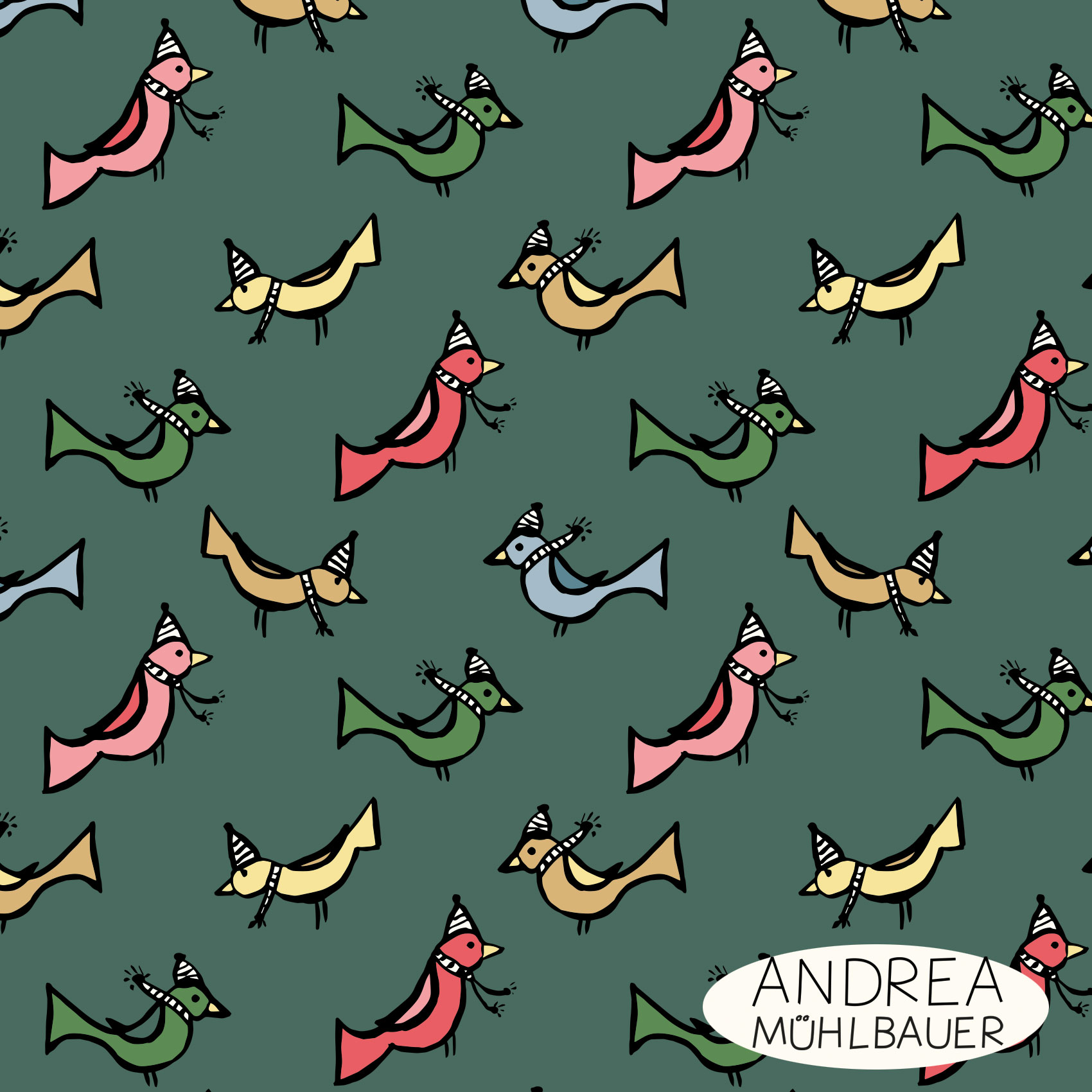 Bio Stoff  - Christmas Birds and Gifts on green - AndreaMuehlbauer, Tiere, Weihnachten, grün