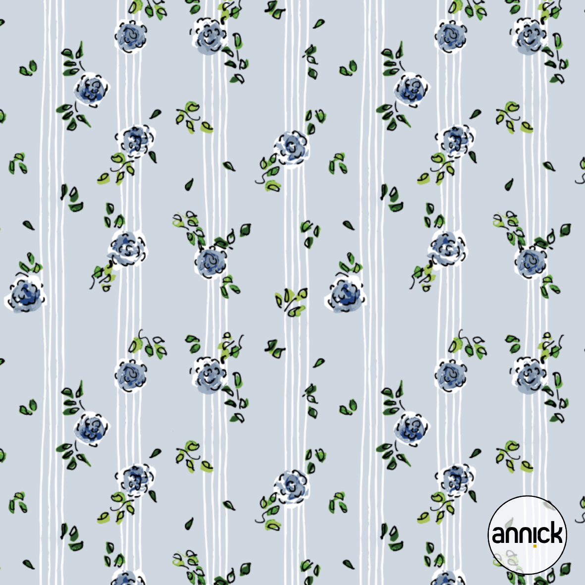 Bio Webware Stoff  -  Romantic Cottage Roses Lines - Annick, blau, Floral & Blumen, 100% Bio-Baumwolle