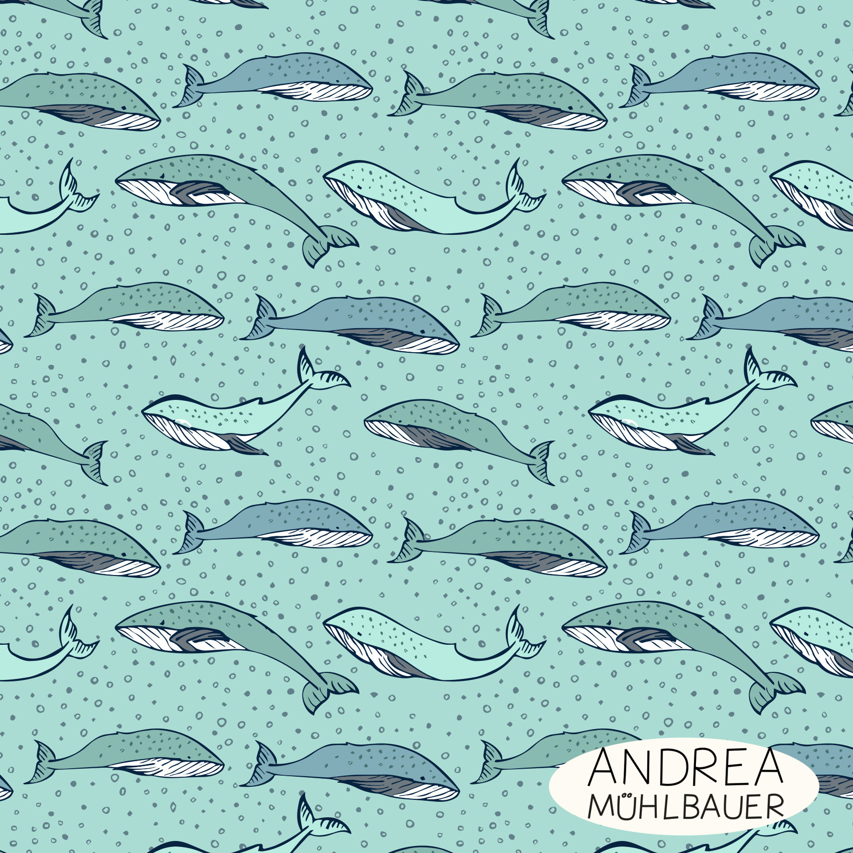 Organic Fabric - Light Blue Whales by Andrea Muehlbauer in turquoise