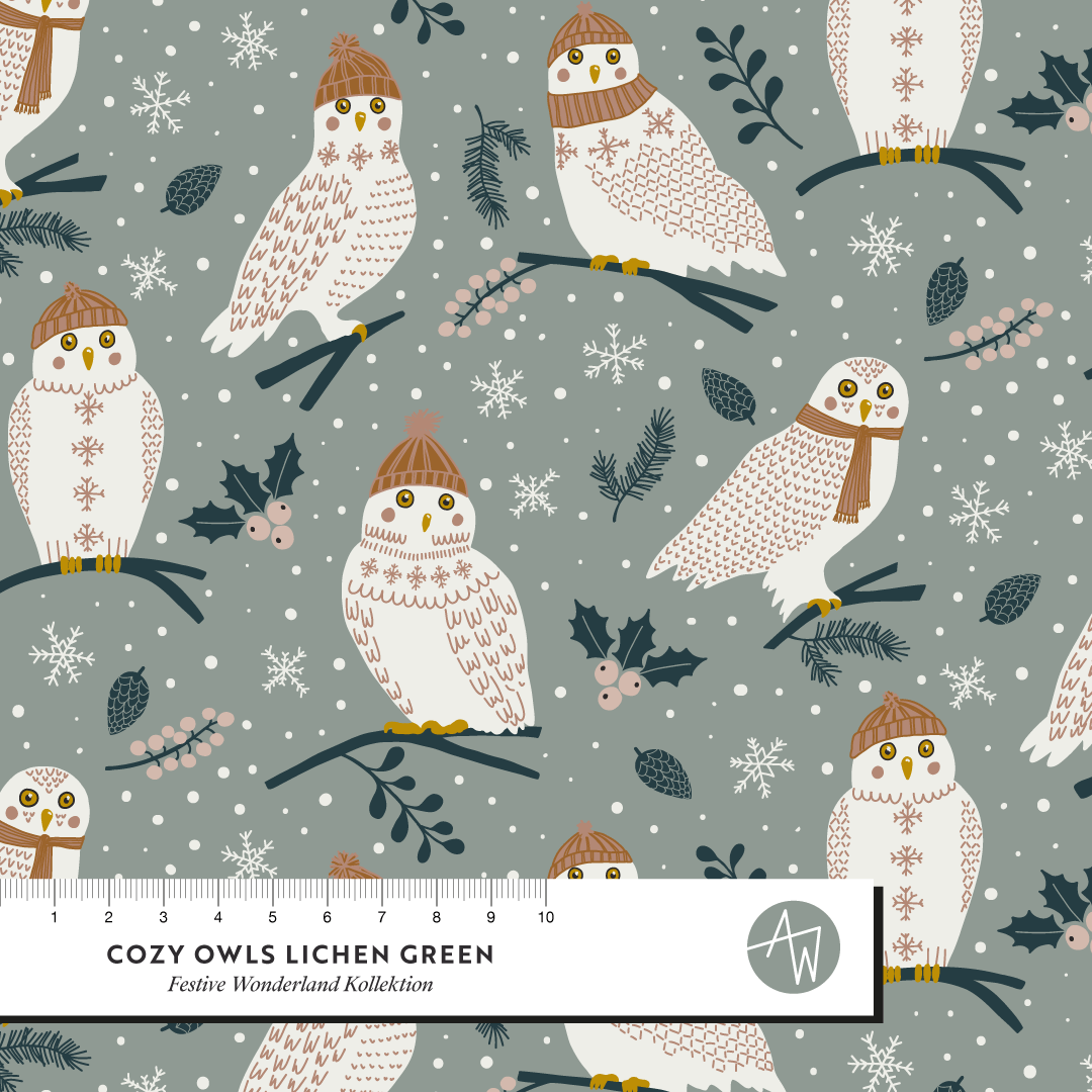 Bio Stoff - Cozy Owls Lichen grün