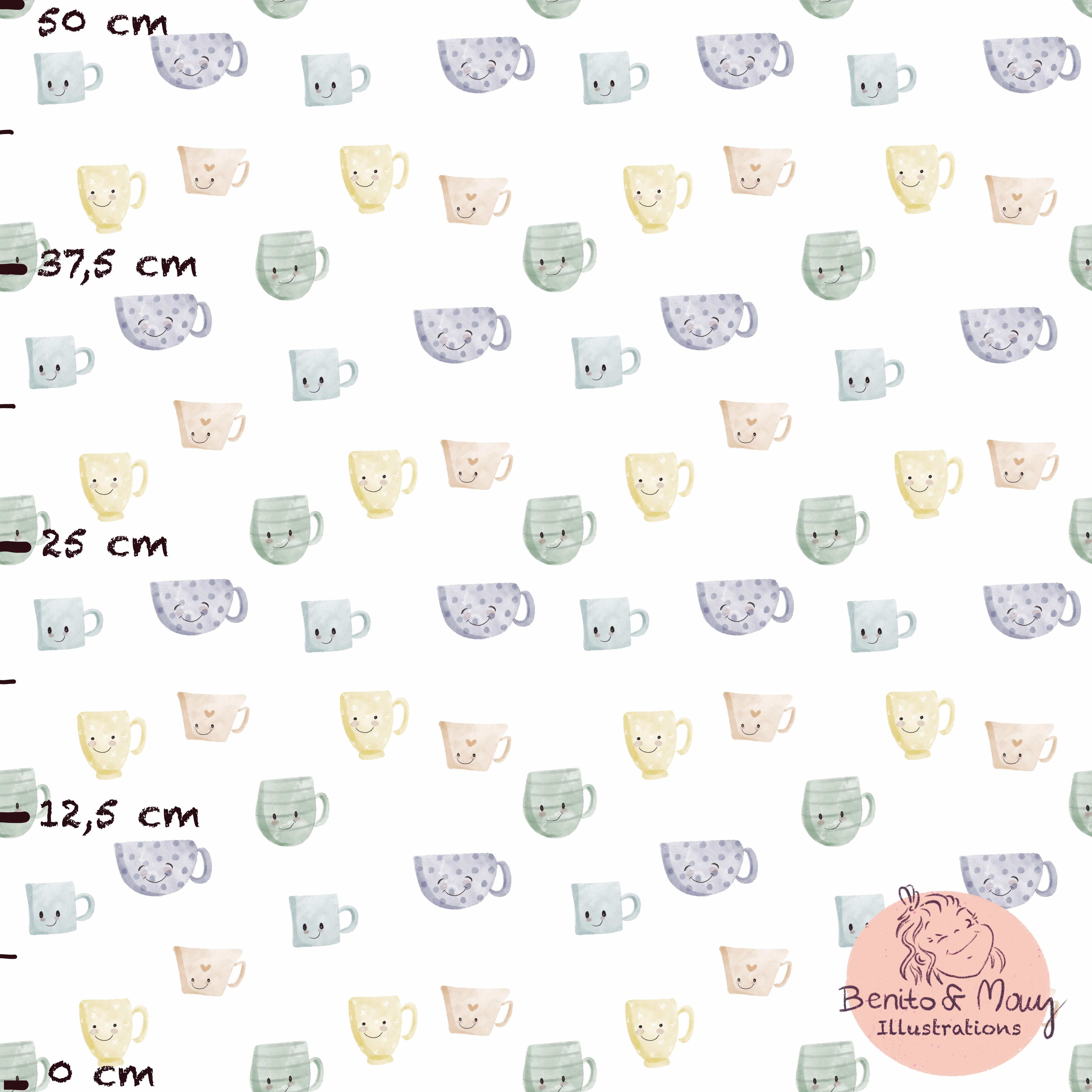 Bio Fabric - Happy Tea Cups by Benito and Maus Illustrations in colorful
