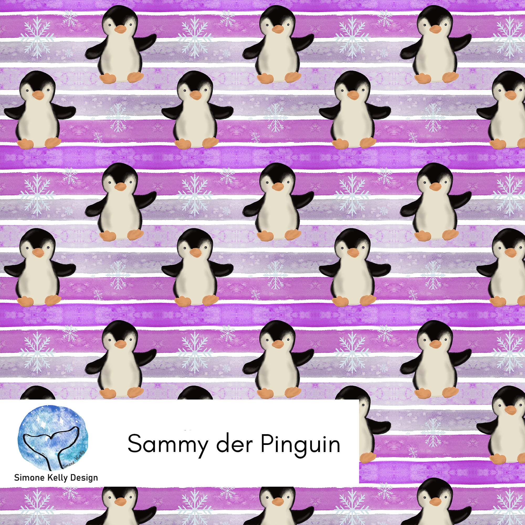 Bio Webware Stoff - Sammy der Pinguin Allover - SimoneKelly, Streifen, Tiere, lila, 100% Bio-Baumwolle Bio Webware Stoff - Sammy der Pinguin Allover - SimoneKelly, Streifen, Tiere, lila, 100% Bio-Baumwolle