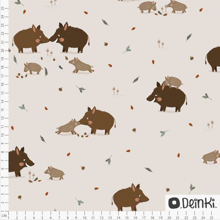 Bio Stoff - Süße Wildschweinefamilie Creme von Deinki in creme