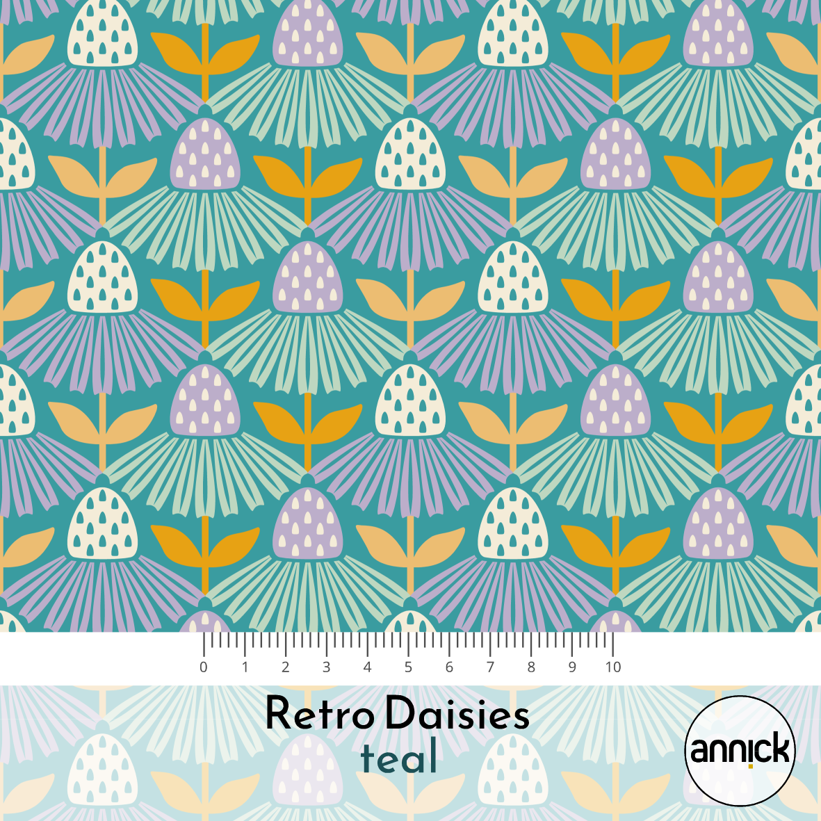 Bio Stoff  -  Retro Daisies Teal  - Annick, petrol, Floral & Blumen