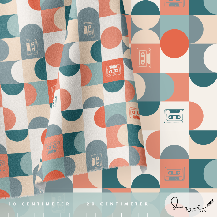 Bio Stoff - Retroscholle Grid mint, rot und beige