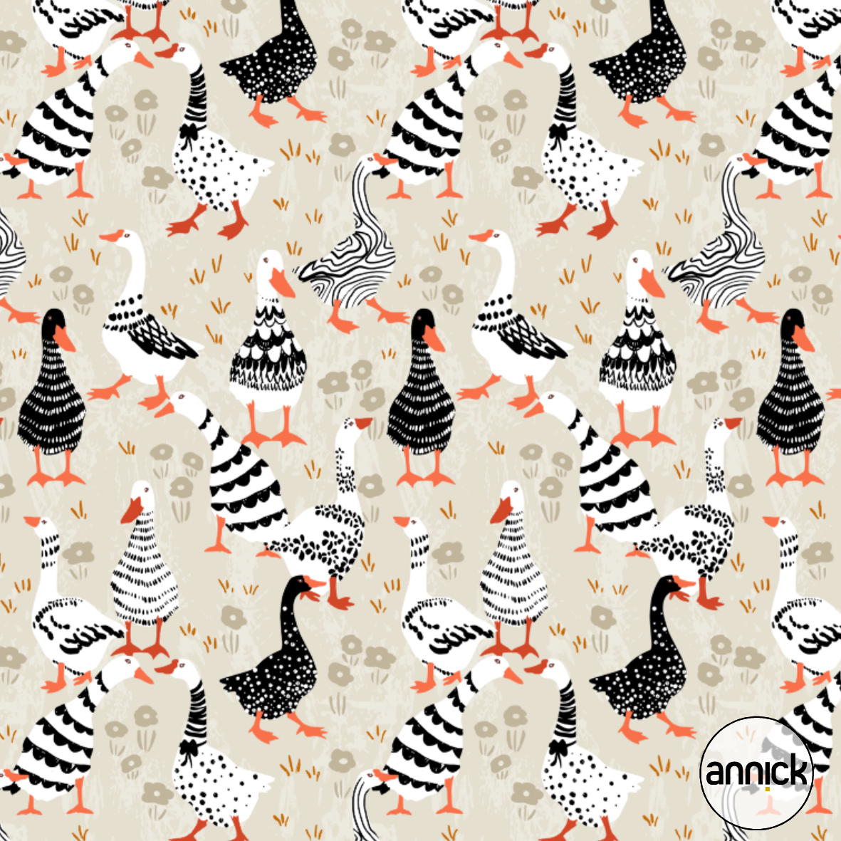 Bio Stoff - Goose Family Black And White von Annick in schwarz-weiß Bio Stoff - Goose Family Black And White von Annick in schwarz-weiß