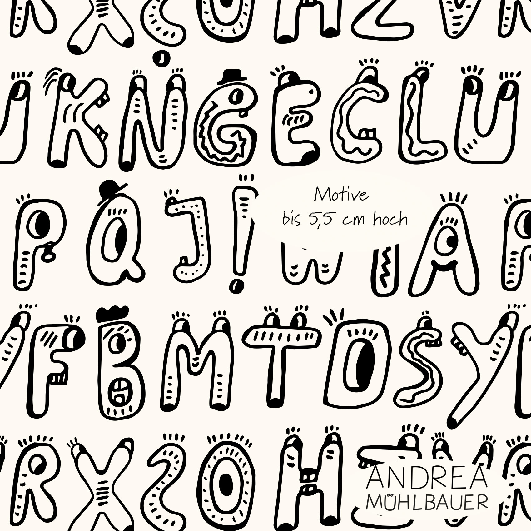 Bio Stoff - Buchstaben A B C S W Ausmaldesign von Andrea Muehlbauer in schwarz