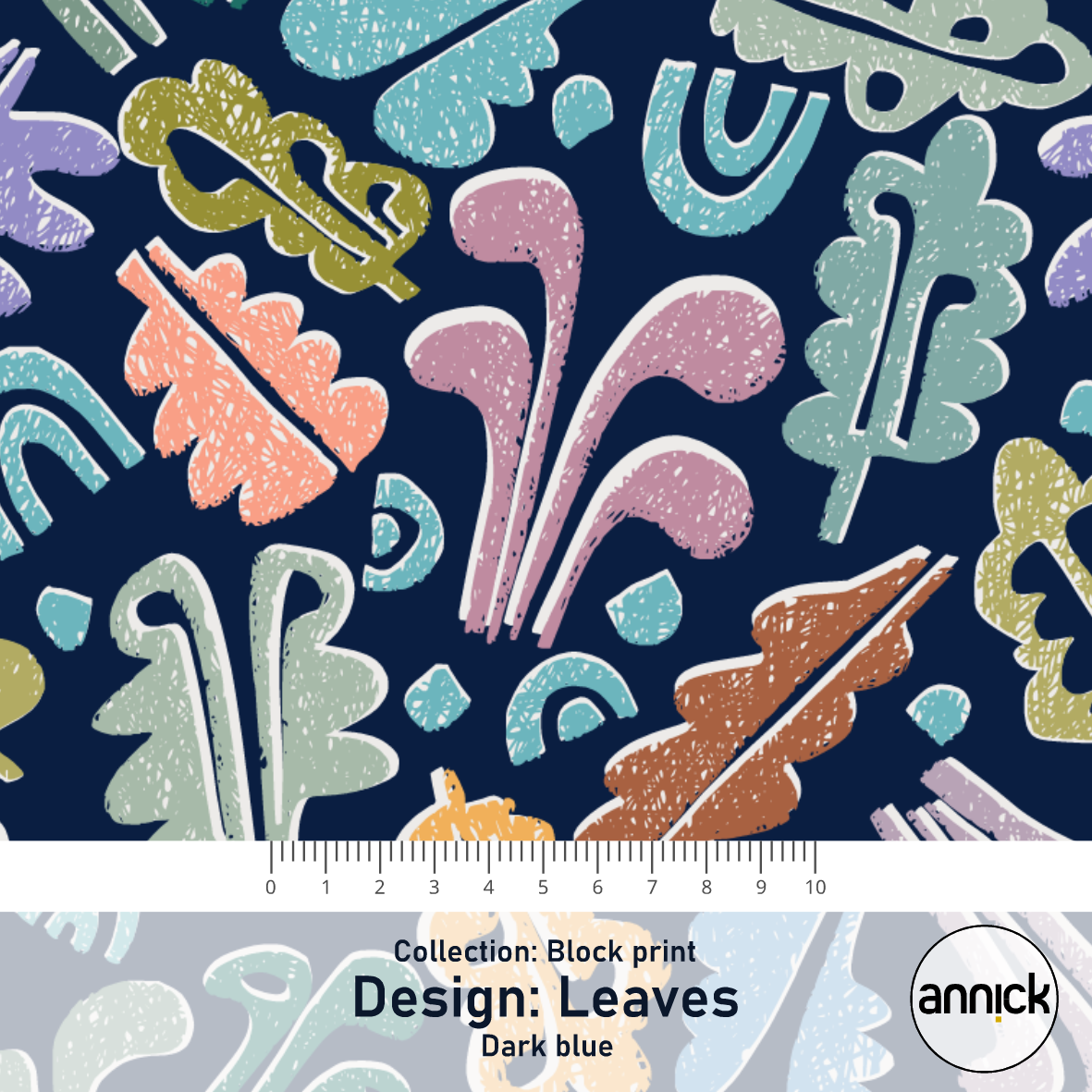 Bio Stoff  - Block Print Leaves Dark Blue - Annick, blau, Abstrakt