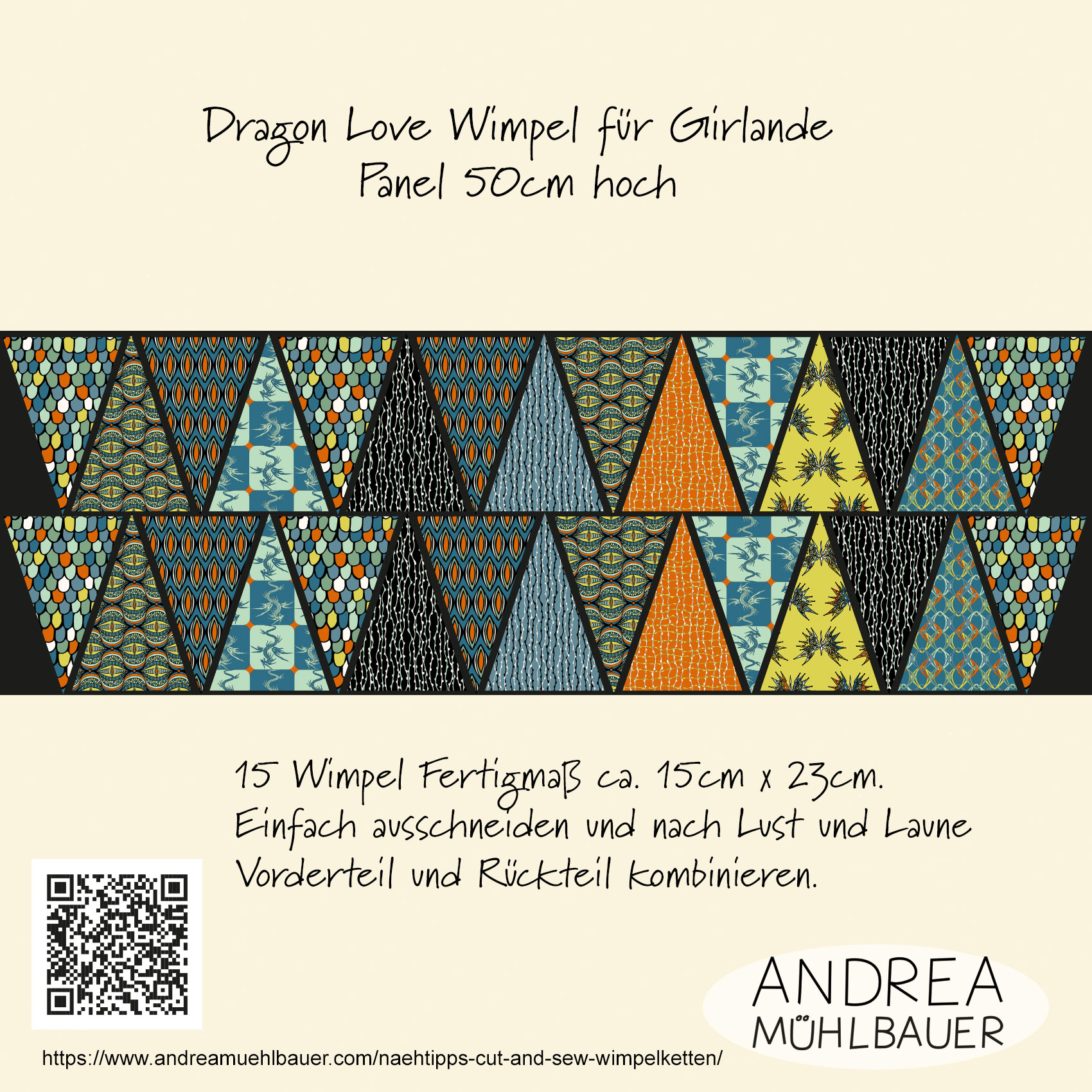 Bio Stoff - Dragon Love Party Wimpel von Andrea Muehlbauer in blau Bio Stoff - Dragon Love Party Wimpel von Andrea Muehlbauer in blau