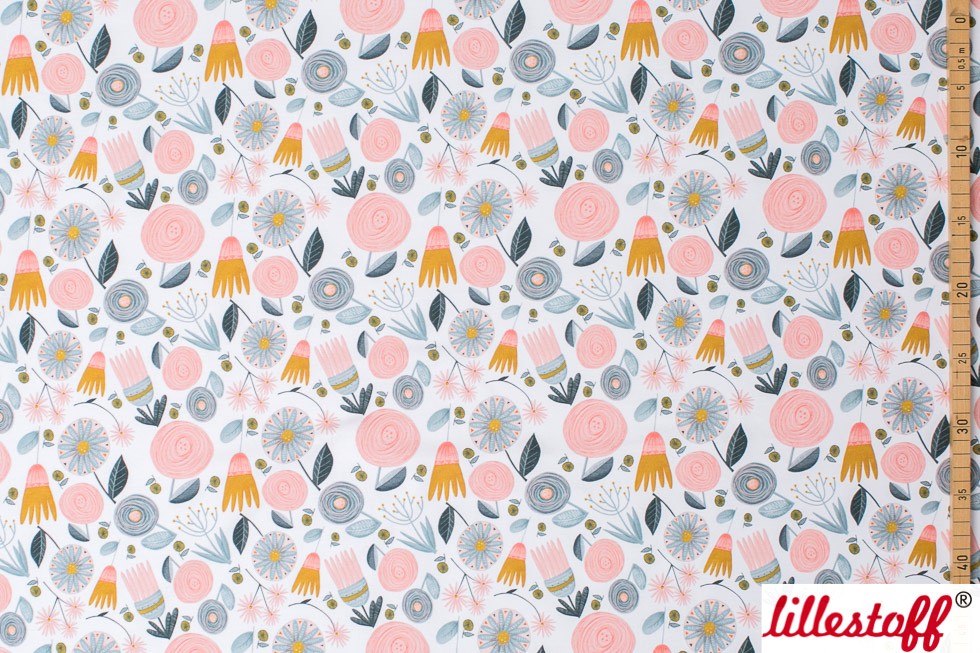 Bio Webware Stoff  -  Kitty Garden Flowers  - LilleSelection, blau, creme, Frühling, Floral & Blumen, Sommer, rosa, 100% Bio-Baumwolle