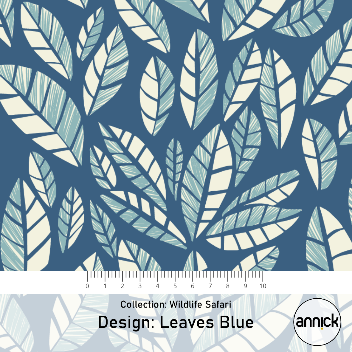 Bio Stoff  -  Wildlife Safari Leaves  - Annick, blau, Blätter & Ranken