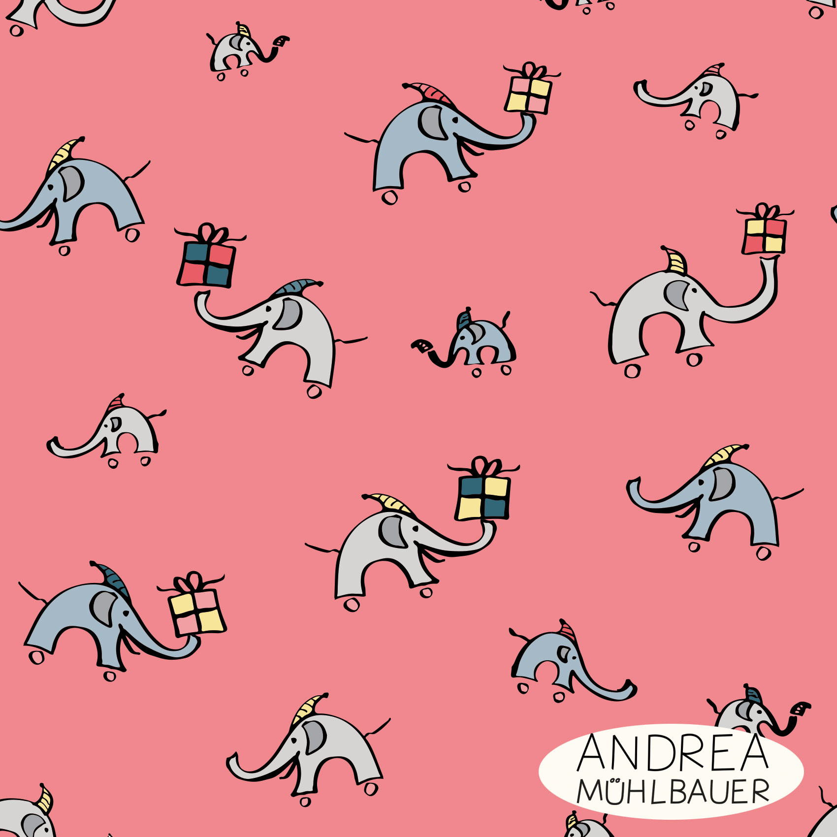 Bio Webware Stoff - Christmas Elephants and Stars on Pink - AndreaMuehlbauer, Tiere, Weihnachten, pink, 100% Bio-Baumwolle Bio Webware Stoff - Christmas Elephants and Stars on Pink - AndreaMuehlbauer, Tiere, Weihnachten, pink, 100% Bio-Baumwolle