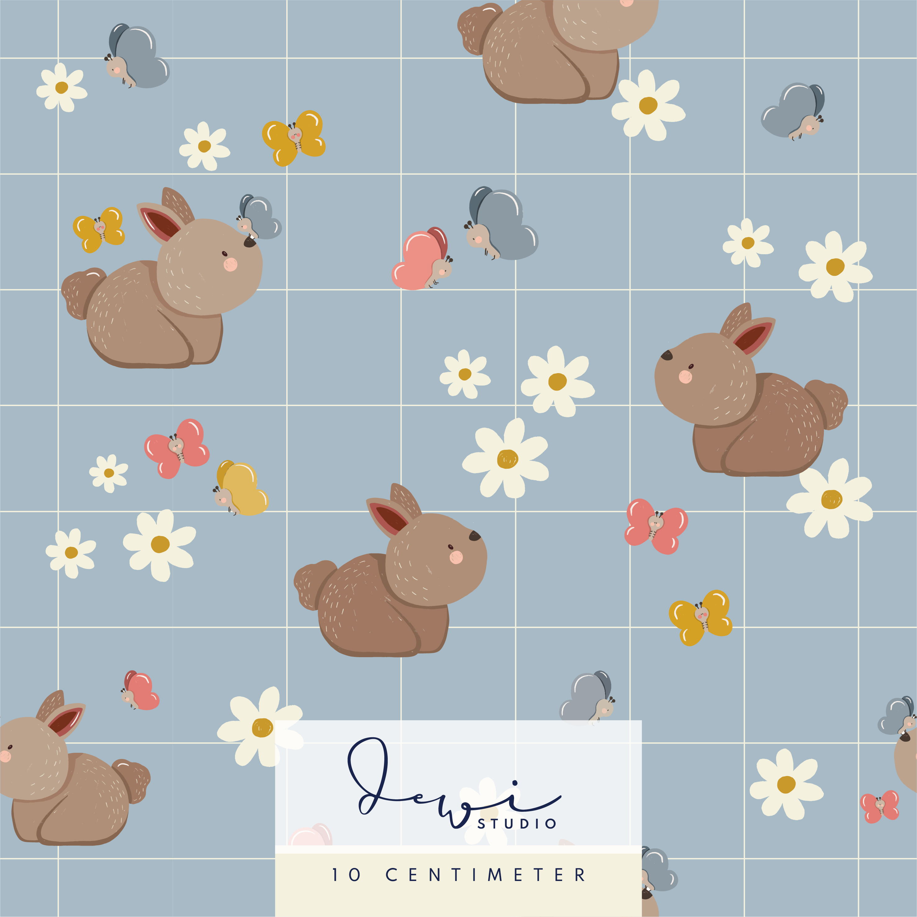 Bio Webware Stoff  -  Frühlingshäschen  - DewiStudio, Tiere, Ostern, blau, 100% Bio-Baumwolle