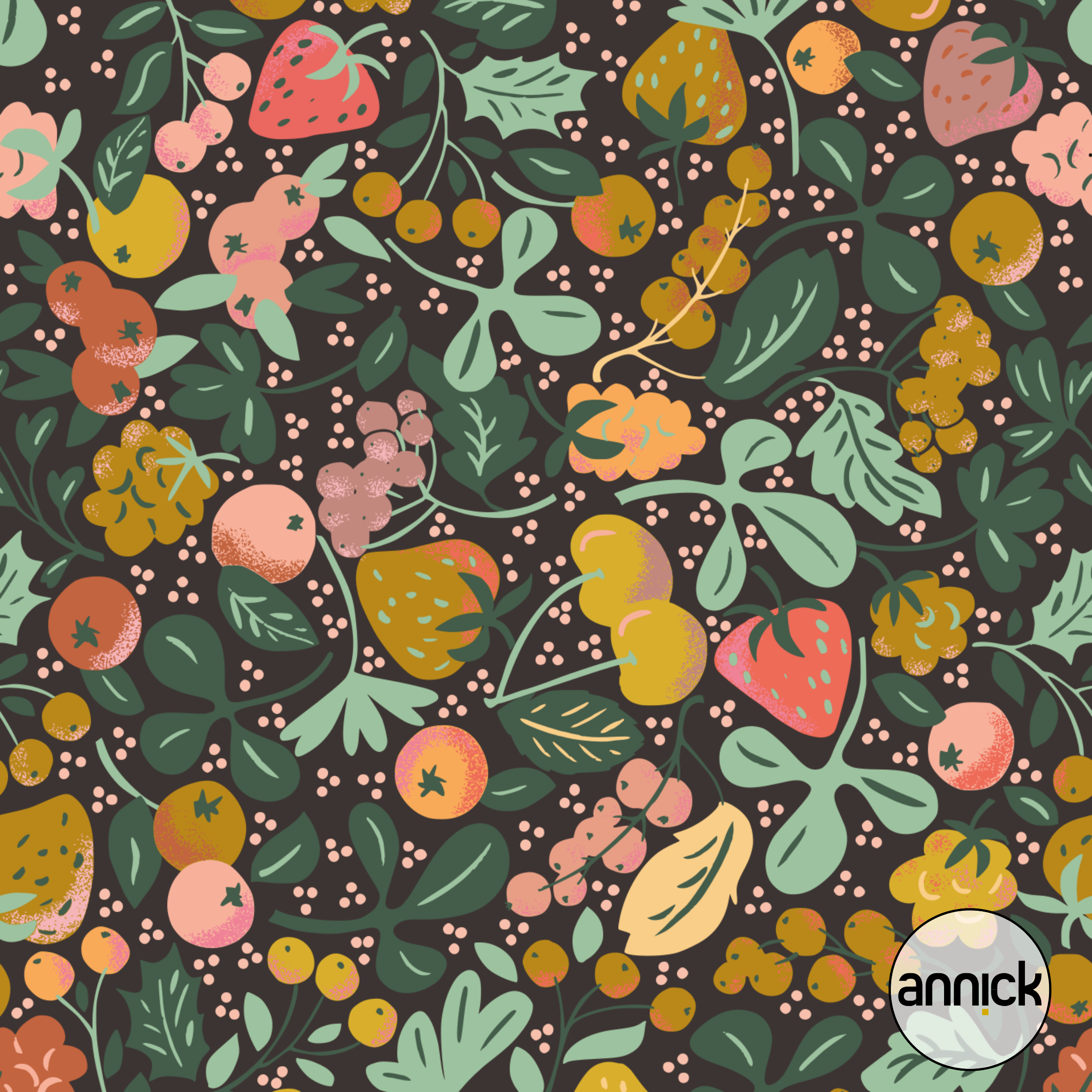 Bio Webware Stoff - Delicious Ditsy Fruits Autumn Colors - Annick, bunt, Blätter & Ranken, Obst & Gemüse, schwarz, 100% Bio-Baumwolle Bio Webware Stoff - Delicious Ditsy Fruits Autumn Colors - Annick, bunt, Blätter & Ranken, Obst & Gemüse, schwarz, 100% Bio-Baumwolle