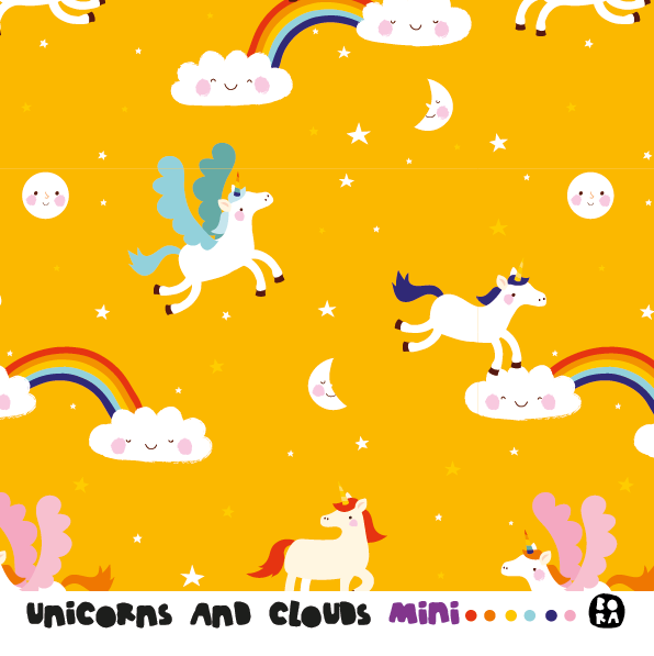 Bio Jersey Stoff  -  Unicorns and Clouds Mini  - Bora, Tiere, Frühling, Sommer, gelb, Fantasy, Breite 150 cm