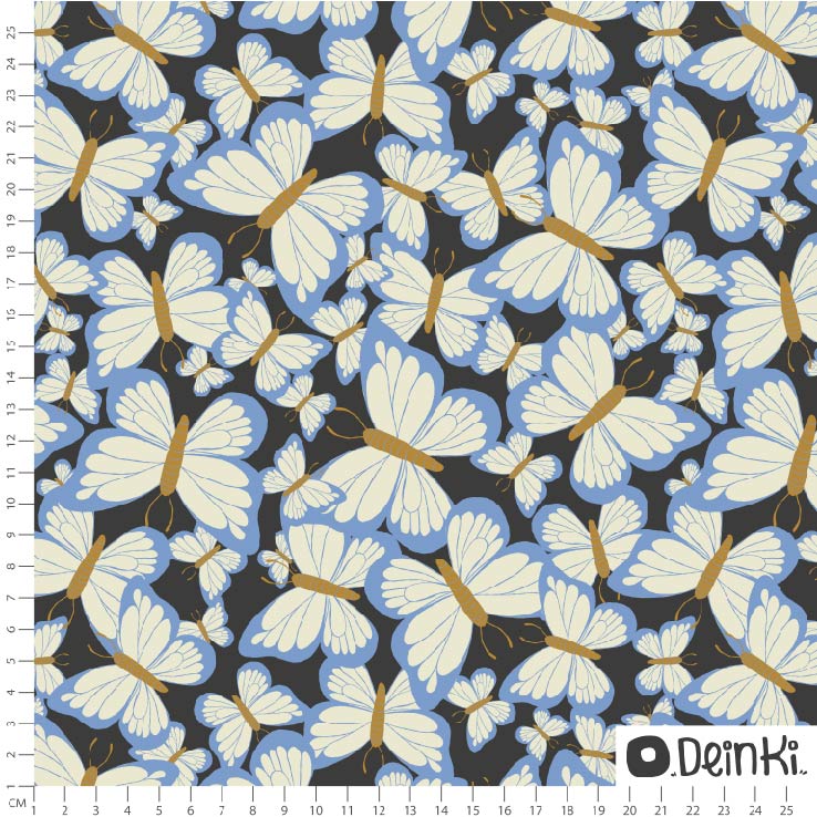 Bio Stoff  -  Schmetterlinge sind da  - Deinki, Floral & Blumen, schwarz, Garten, Frühling, blau