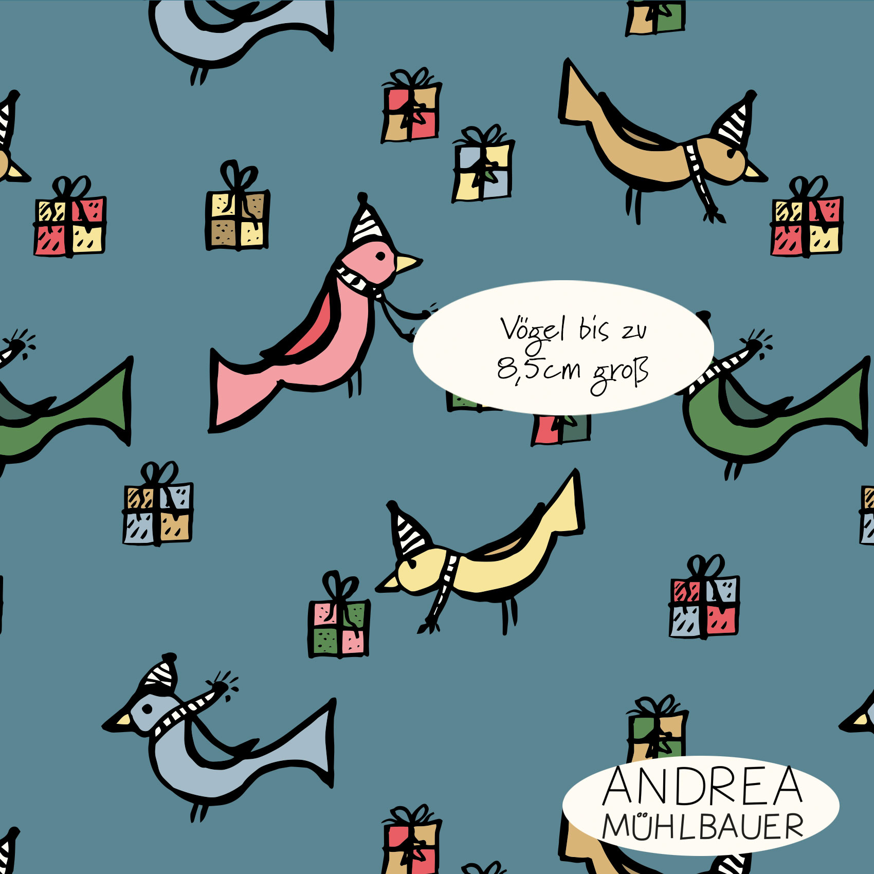 Bio Webware Stoff - Christmas Birds and Gifts on blue - AndreaMuehlbauer, Tiere, Weihnachten, blau, 100% Bio-Baumwolle Bio Webware Stoff - Christmas Birds and Gifts on blue - AndreaMuehlbauer, Tiere, Weihnachten, blau, 100% Bio-Baumwolle