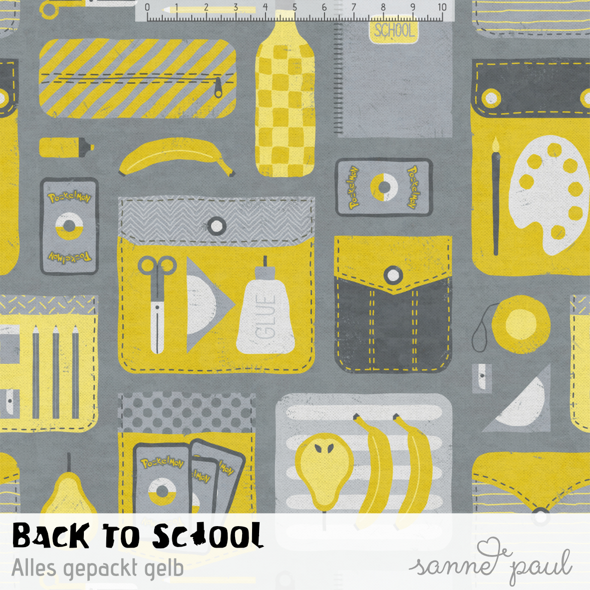 Bio Stoff  - Back to School Alles Gepackt gelb - SannePaul, grau, Kinder, Gegenstände