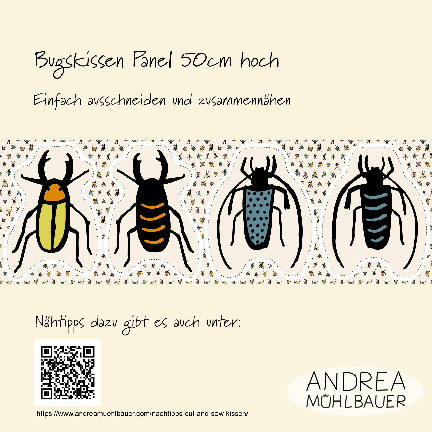 Bio Webware Stoff - 50 cm Panel Bugs Kissen 1 - AndreaMuehlbauer, beige, Tiere, Cut & Sew, 100% Bio-Baumwolle Bio Webware Stoff - 50 cm Panel Bugs Kissen 1 - AndreaMuehlbauer, beige, Tiere, Cut & Sew, 100% Bio-Baumwolle