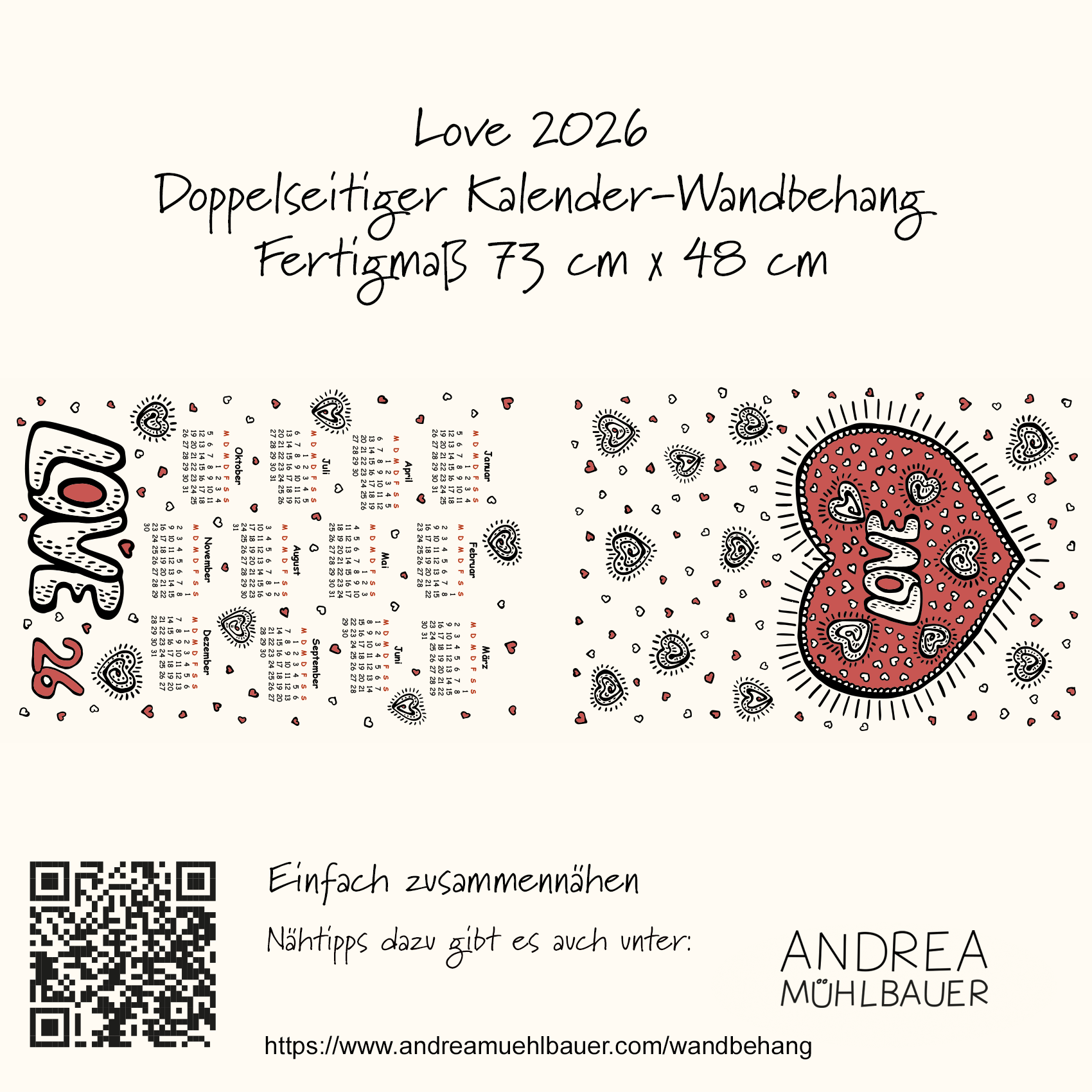 Bio Stoff - 50 cm Panel Love Kalender26 von Andrea Muehlbauer in rot