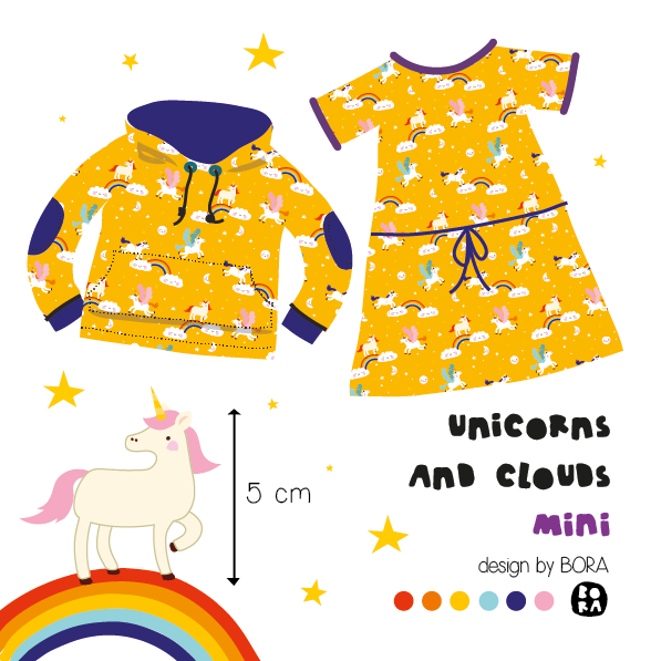 Bio Jersey Stoff  -  Unicorns and Clouds Mini  - Bora, Tiere, Frühling, Sommer, gelb, Fantasy, Breite 150 cm