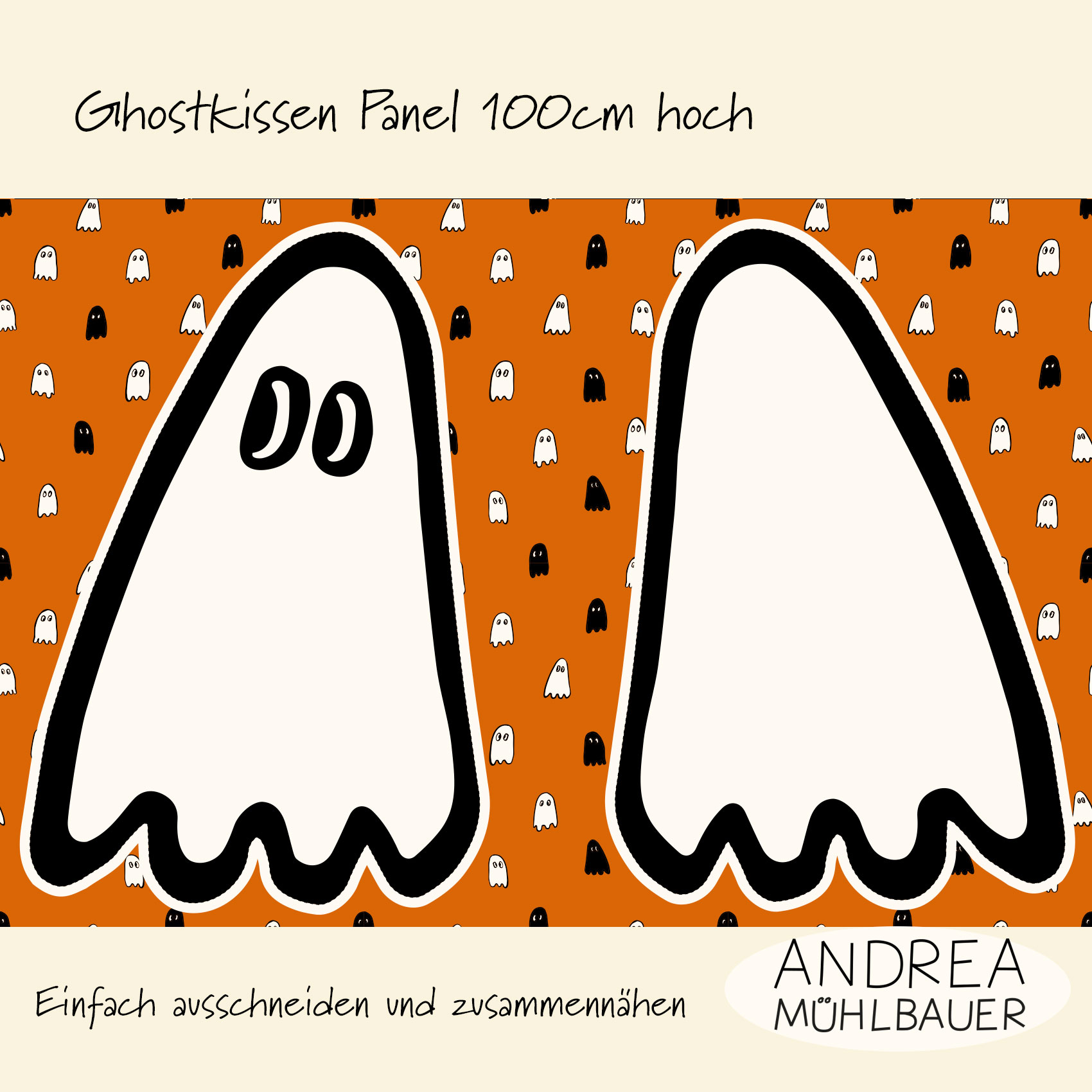 Bio Webware Stoff - 1 m Panel Trick or Treat Ghost Kissen - AndreaMuehlbauer, orange, Halloween, Cut & Sew, 100% Bio-Baumwolle Bio Webware Stoff - 1 m Panel Trick or Treat Ghost Kissen - AndreaMuehlbauer, orange, Halloween, Cut & Sew, 100% Bio-Baumwolle