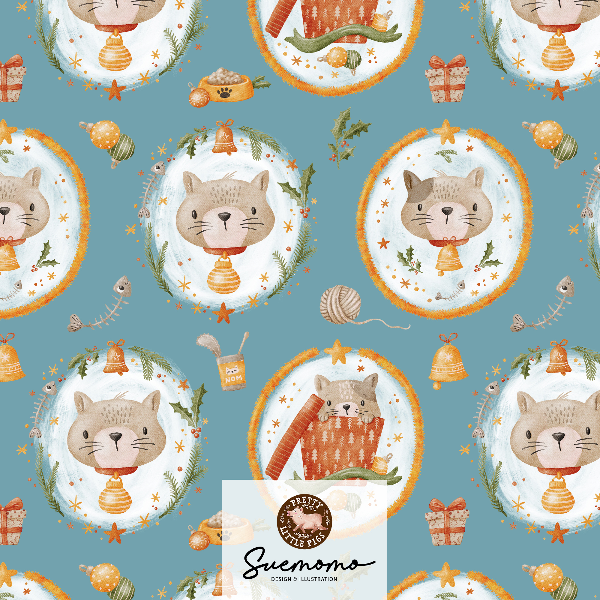 Bio Webware Stoff - Meowy Christmas Vignette - PrettyLittlePigs, Tiere, blau, 100% Bio-Baumwolle Bio Webware Stoff - Meowy Christmas Vignette - PrettyLittlePigs, Tiere, blau, 100% Bio-Baumwolle
