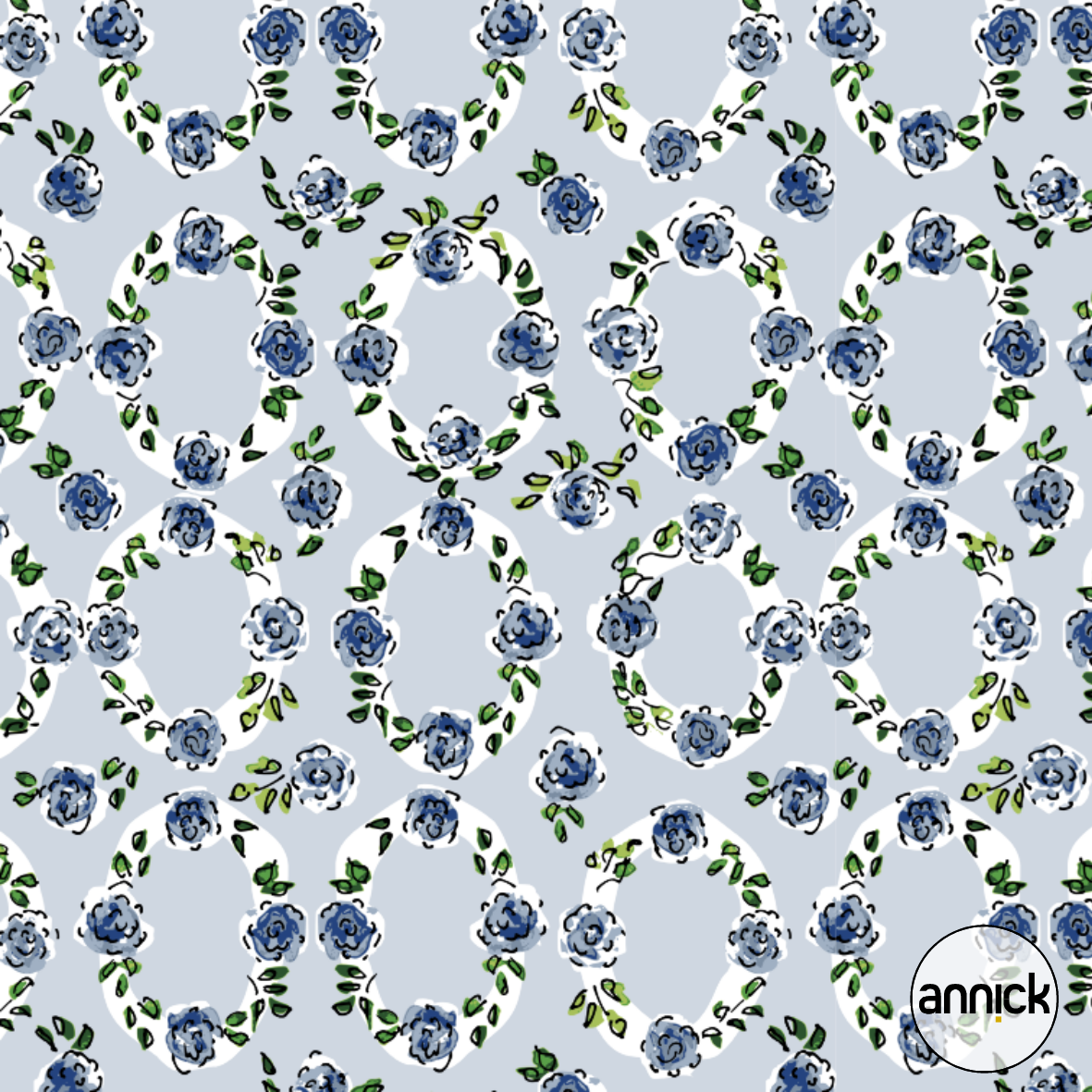 Bio Webware Stoff  - Romantic Cottage Roses Wreath - Annick, blau, Floral & Blumen, 100% Bio-Baumwolle