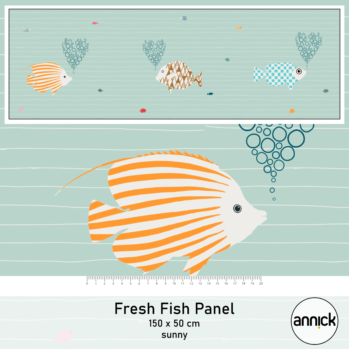 Bio Summersweat Stoff  - 50 cm Panel Fresh fish Sunny - Annick, mint, Maritim, Tiere Breite 150 cm