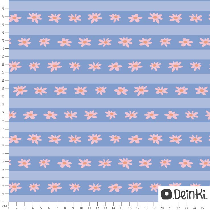 Bio Stoff  - Blumen und Streifen blau  - Deinki, blau, Streifen