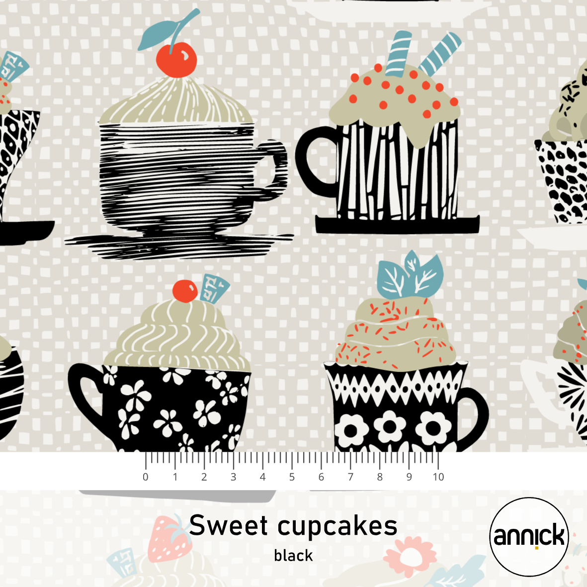 Bio Webware Stoff - Sweet Cupcakes Black - Annick, creme, Essen, schwarz, 100% Bio-Baumwolle Bio Webware Stoff - Sweet Cupcakes Black - Annick, creme, Essen, schwarz, 100% Bio-Baumwolle
