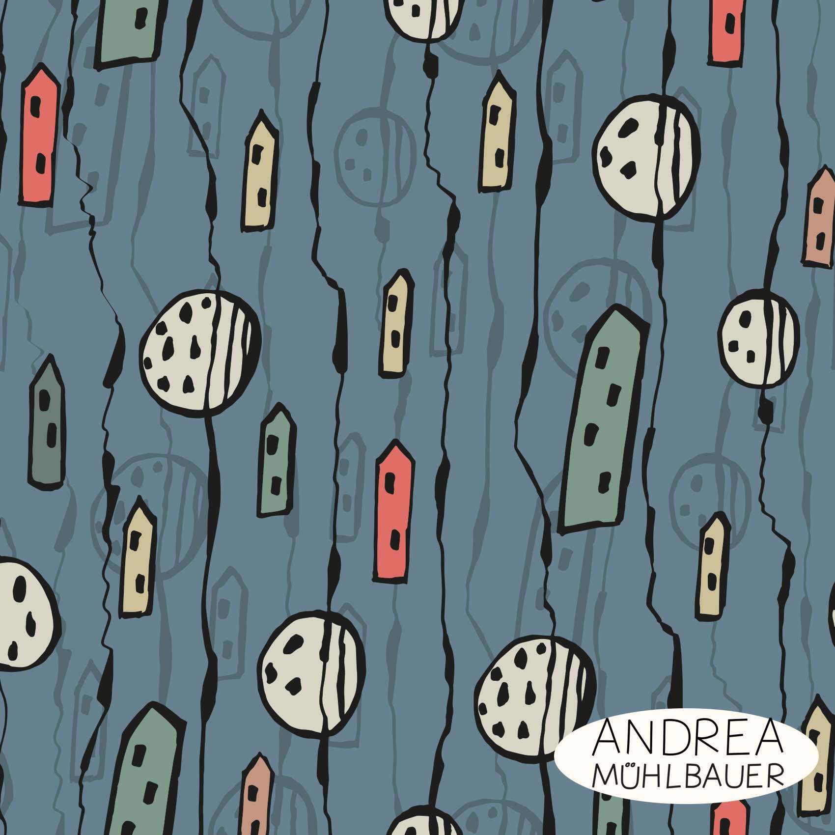 Bio Webware Stoff  -  City Summer Dust Houses and Dust Large  - AndreaMuehlbauer, Abstrakt, bunt, 100% Bio-Baumwolle