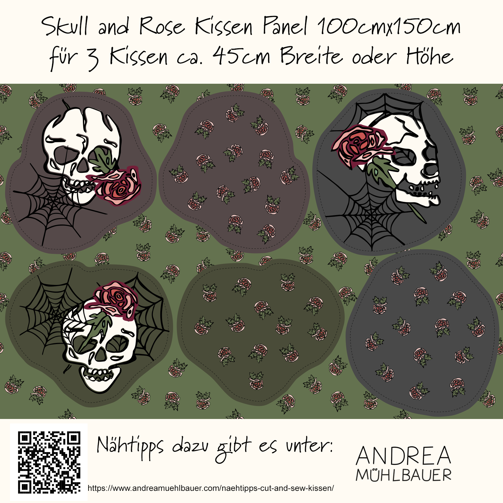 Bio Stoff - 1,0 m Panel Kissen Skull And Roses von Andrea Muehlbauer in grau