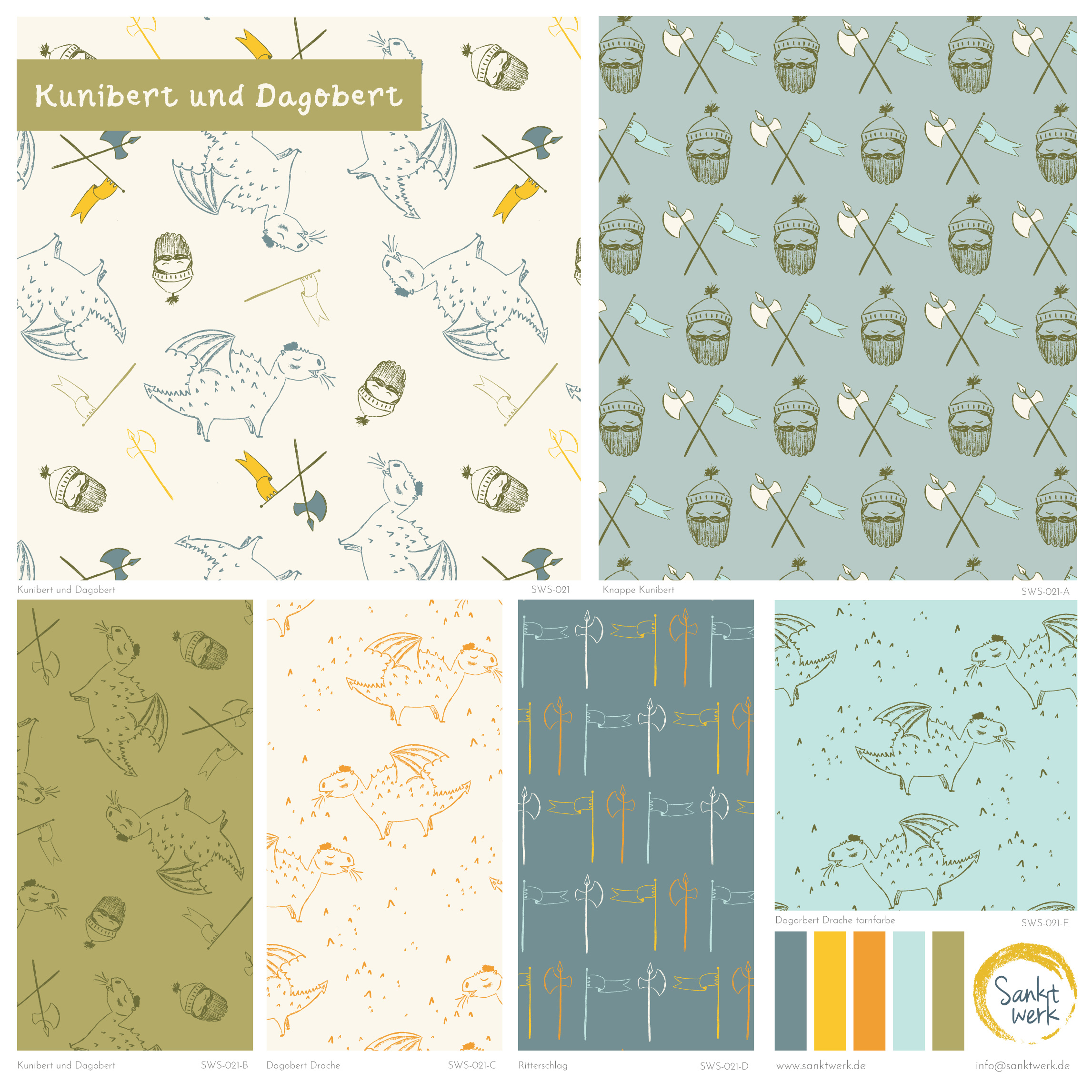 Bio Canvas Stoff  -  50 cm Panel Kunibert und Dagobert  - Sanktwerk, Fantasy, orange, 100% Bio-Baumwolle