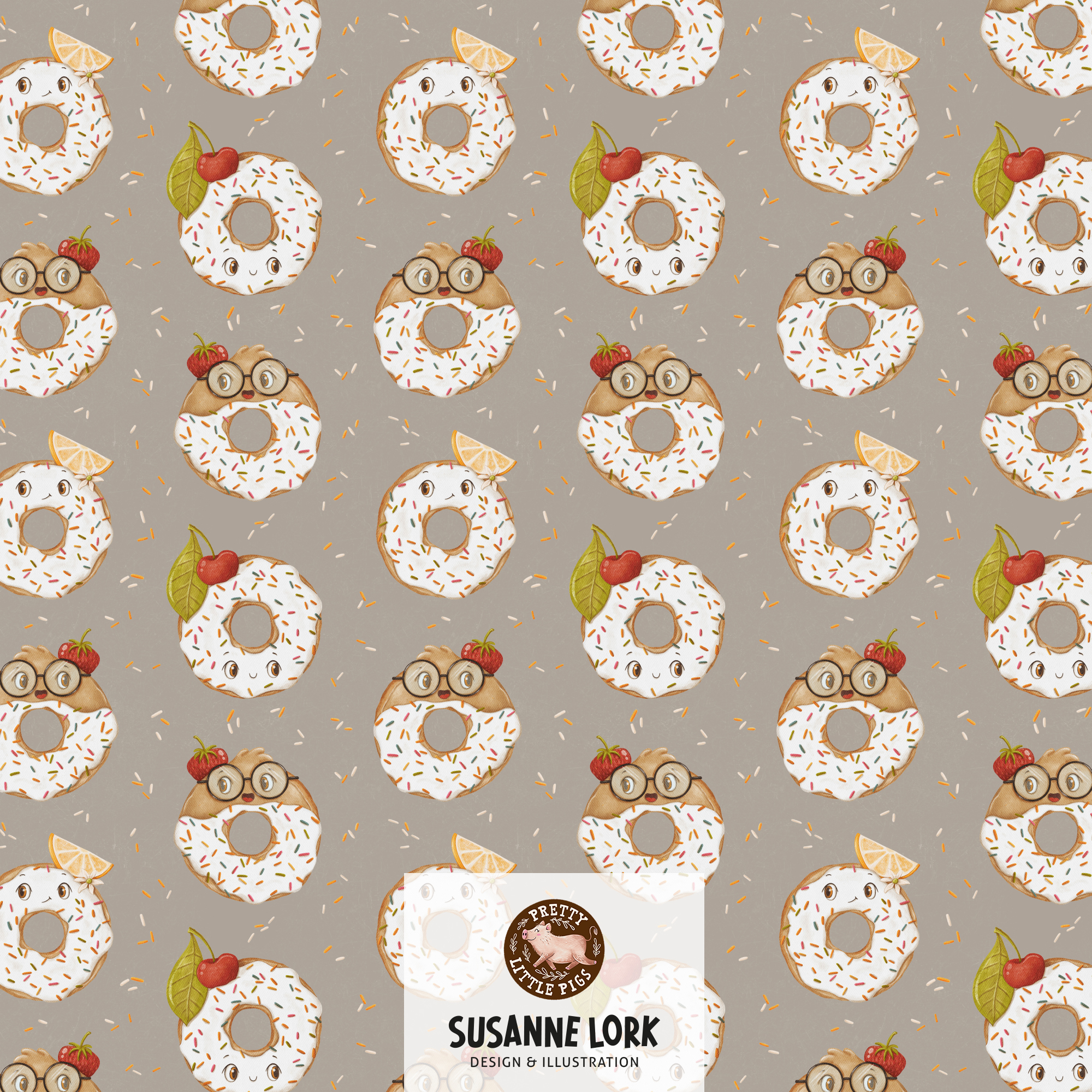 Organic Fabric - Donuts Greige Small by Pretty Little Pigs in gray