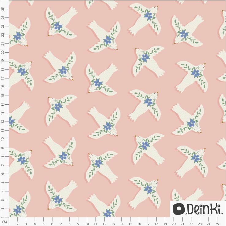 Bio Webware Stoff  - Tauben und Blumen rosa - Deinki, rosa, Blumen, Tiere 100% Bio-Baumwolle
