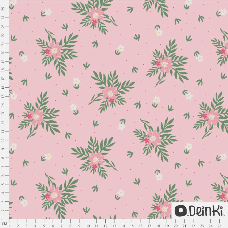 Bio Stoff  - Handbemalte Blumen Rosa Grün Rosa - Deinki, rosa, Floral & Blumen, Frühling