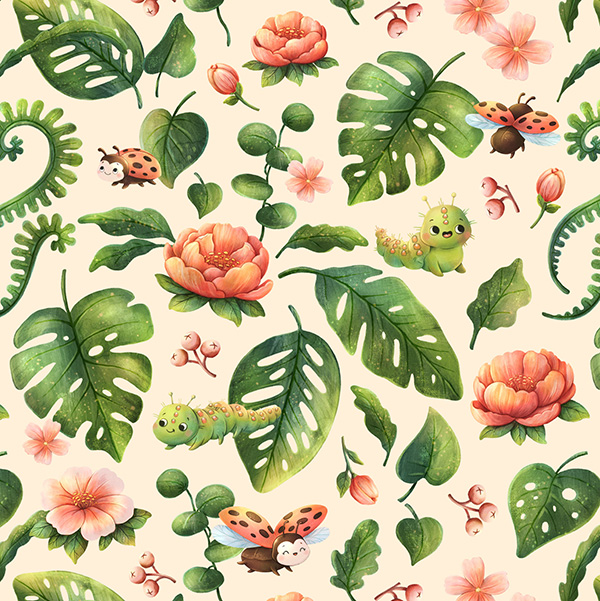 Organic fabric  -  Bugs and Flowers yellow