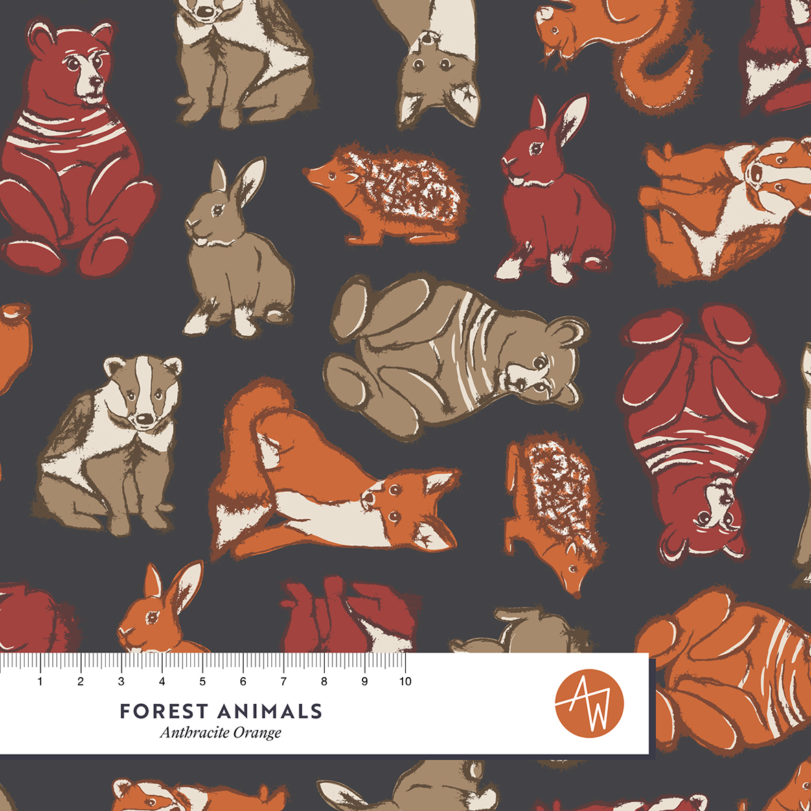 Bio Webware Stoff - Forest Animals Anthracite Orange - AlexandraWeise, Wald, Tiere, Herbst, bunt, 100% Bio-Baumwolle Bio Webware Stoff - Forest Animals Anthracite Orange - AlexandraWeise, Wald, Tiere, Herbst, bunt, 100% Bio-Baumwolle