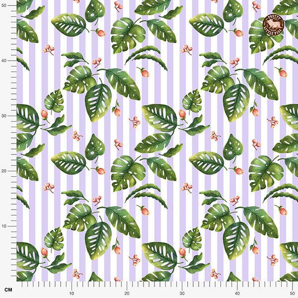 Bio Stoff  -  Blätter und Knospen Streifen lavendel