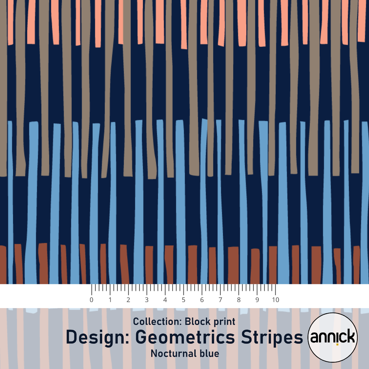 Bio Stoff  -  Block Print Geometric Stripes Dark Nocturnal Blue  - Annick, Streifen, blau