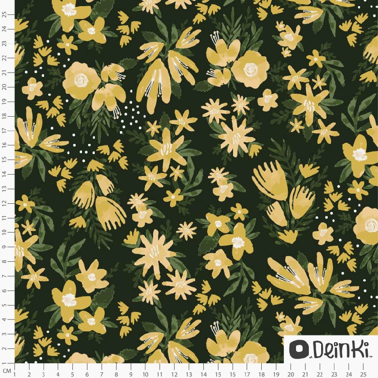 Bio Stoff  -  Gemalte Blumen  - Deinki, Floral & Blumen, Sommer, schwarz