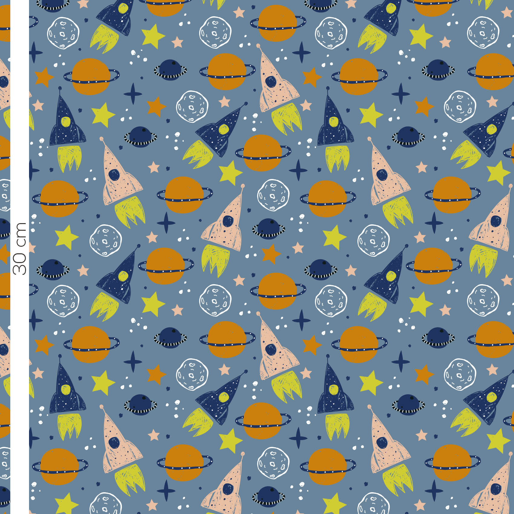 Bio Webware Stoff  -  To The Moon  - LilleSelection, orange, Weltraum, blau, grün, 100% Bio-Baumwolle
