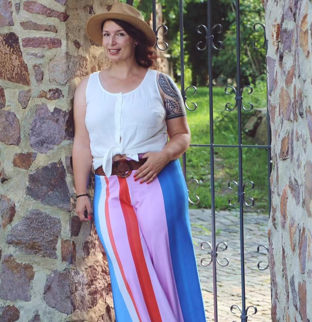 Bio Webware Stoff  -  Blockstreifen vertikal  - LisaSanders, Streifen, blau, rot, rosa, 100% Bio-Baumwolle