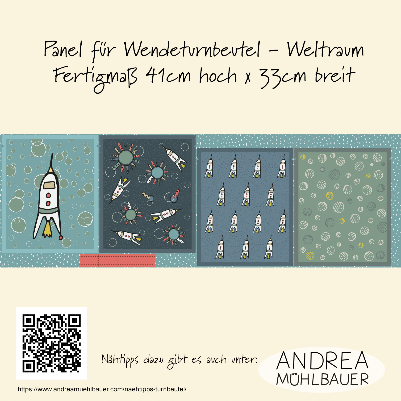 Bio Stoff -  50 cm Panel Weltraum Wendeturnbeutel von Andrea Muehlbauer in blau