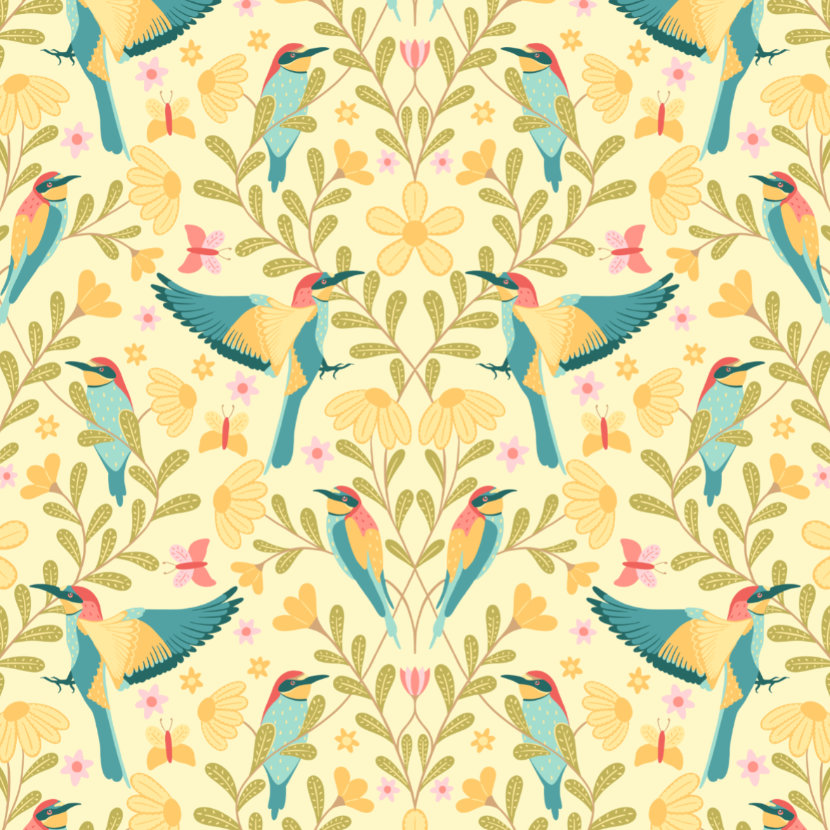 Organic fabric - Sommergold Vögel und Blumen yellow