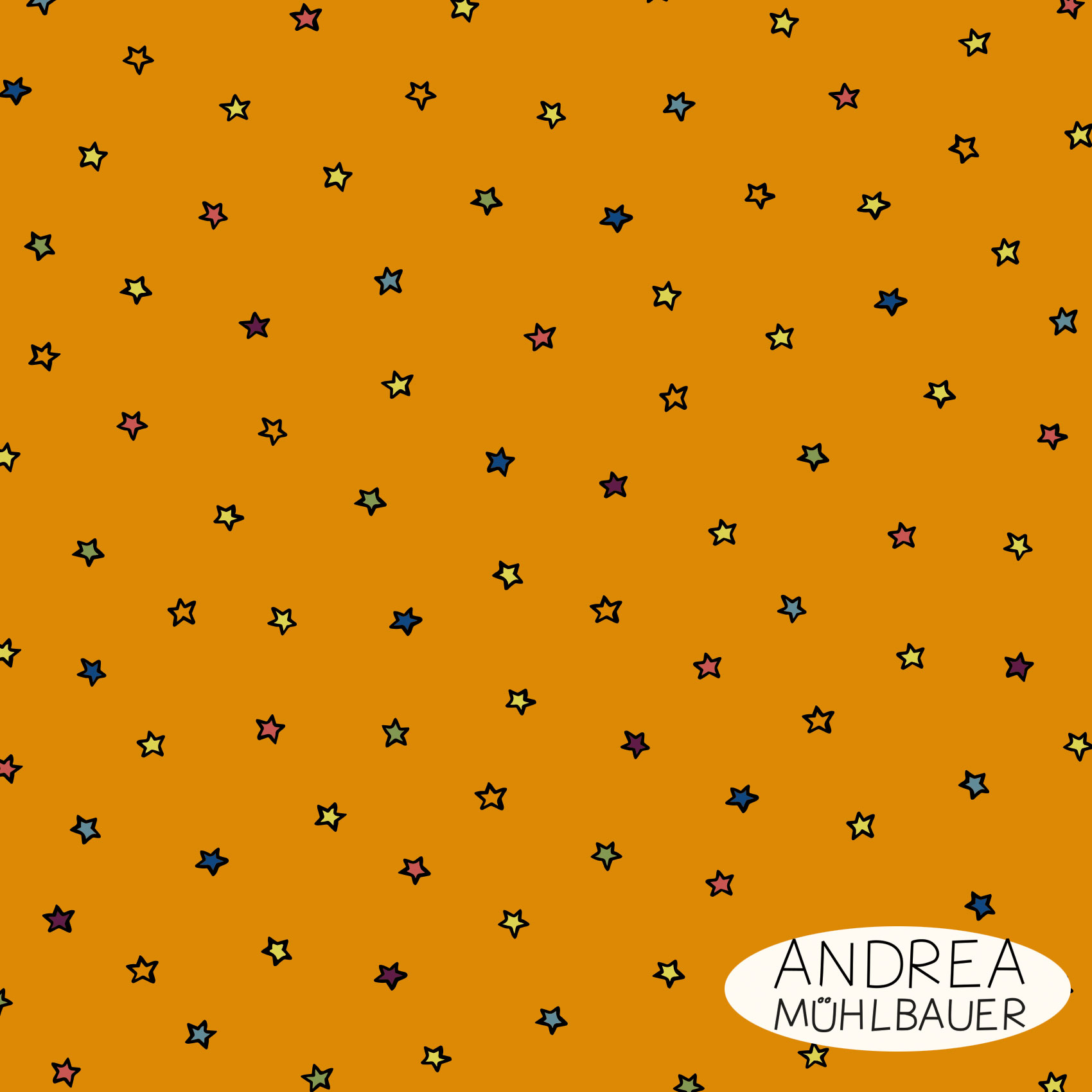 Bio Webware Stoff  -  Stars  - AndreaMuehlbauer, Sonne, Mond und Sterne, Fantasy, orange, 100% Bio-Baumwolle